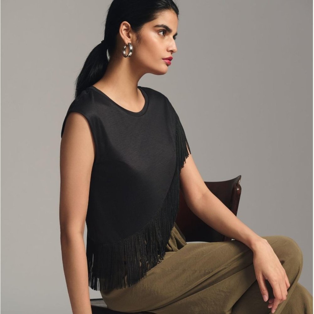 Anthropologie black fringe top NWT